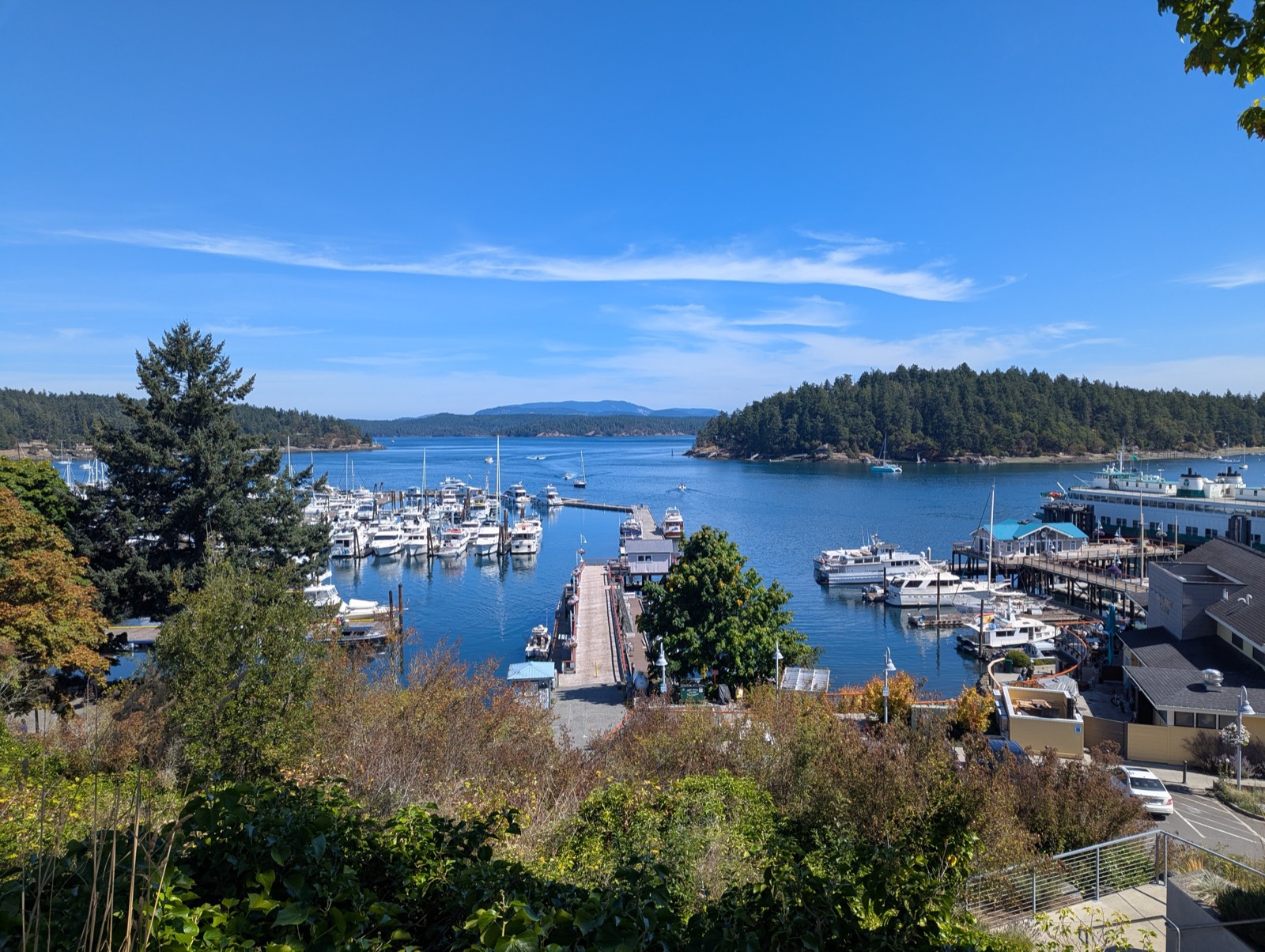 Friday Harbor and its marina looking out across the San Juan Islands